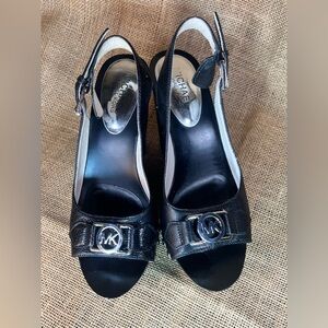 Michael Kors Black Leather silver studded open toe Wedge sling back Sandals